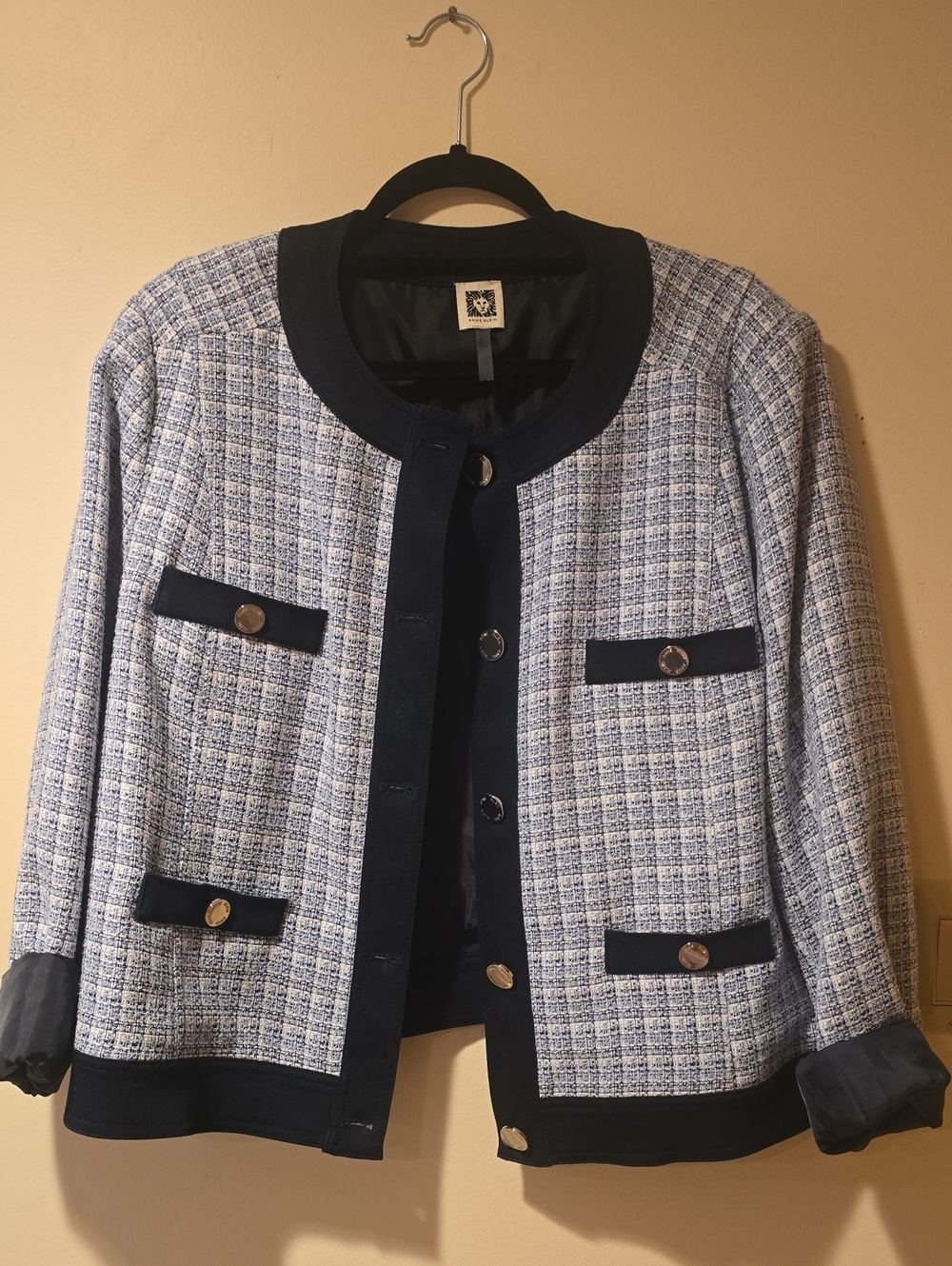 Women's Tweed Jacket with Navy Trim - Light Blue & Navy